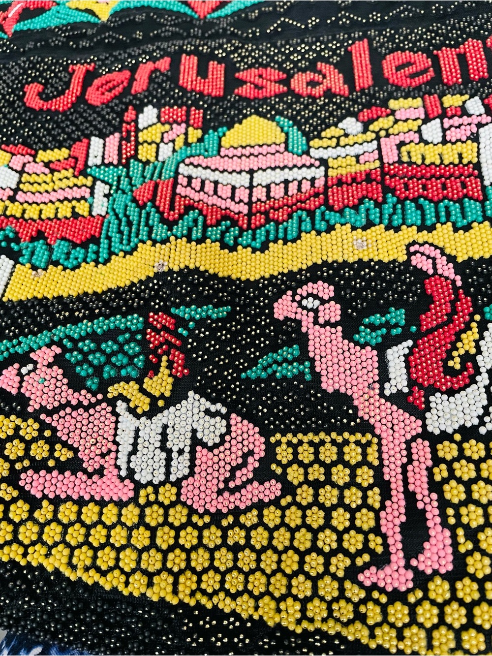 Jerusalem-vintage beaded tote bag-old city-camels-bold colors-intricate beading